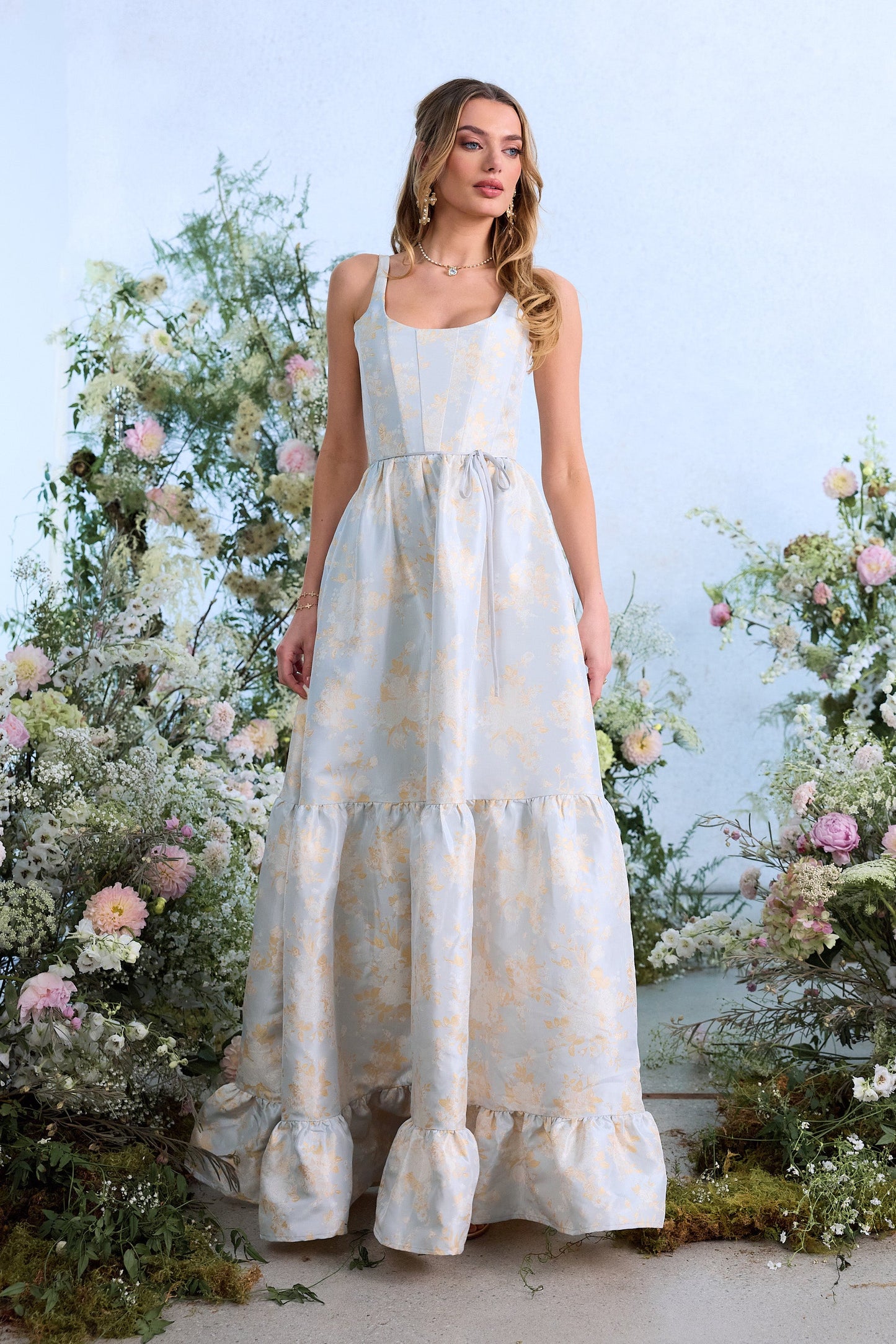 The Avery Dress in Sky Windsor Brocade