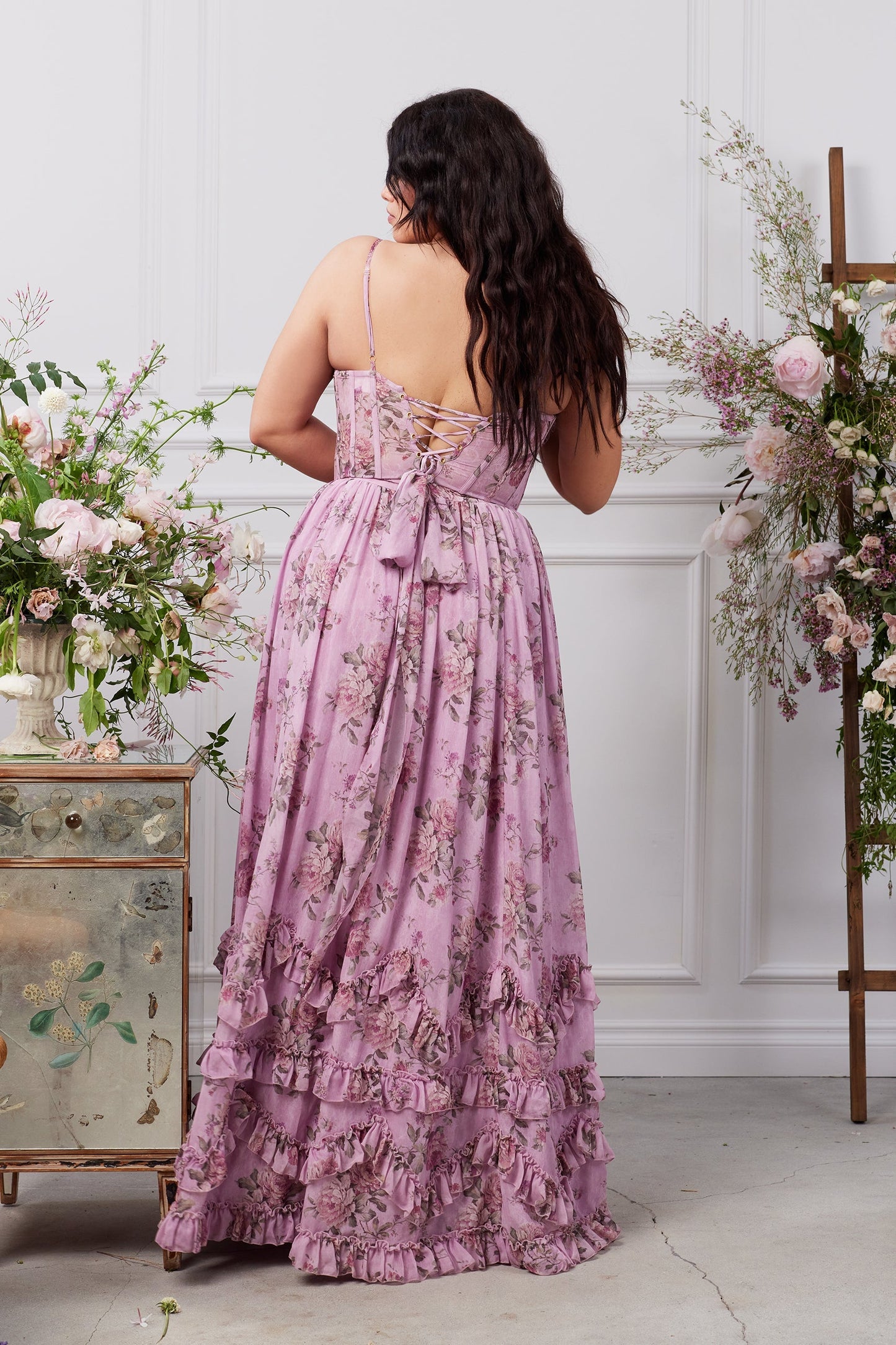 The Carmen Dress in Lilac Tapestry Rose