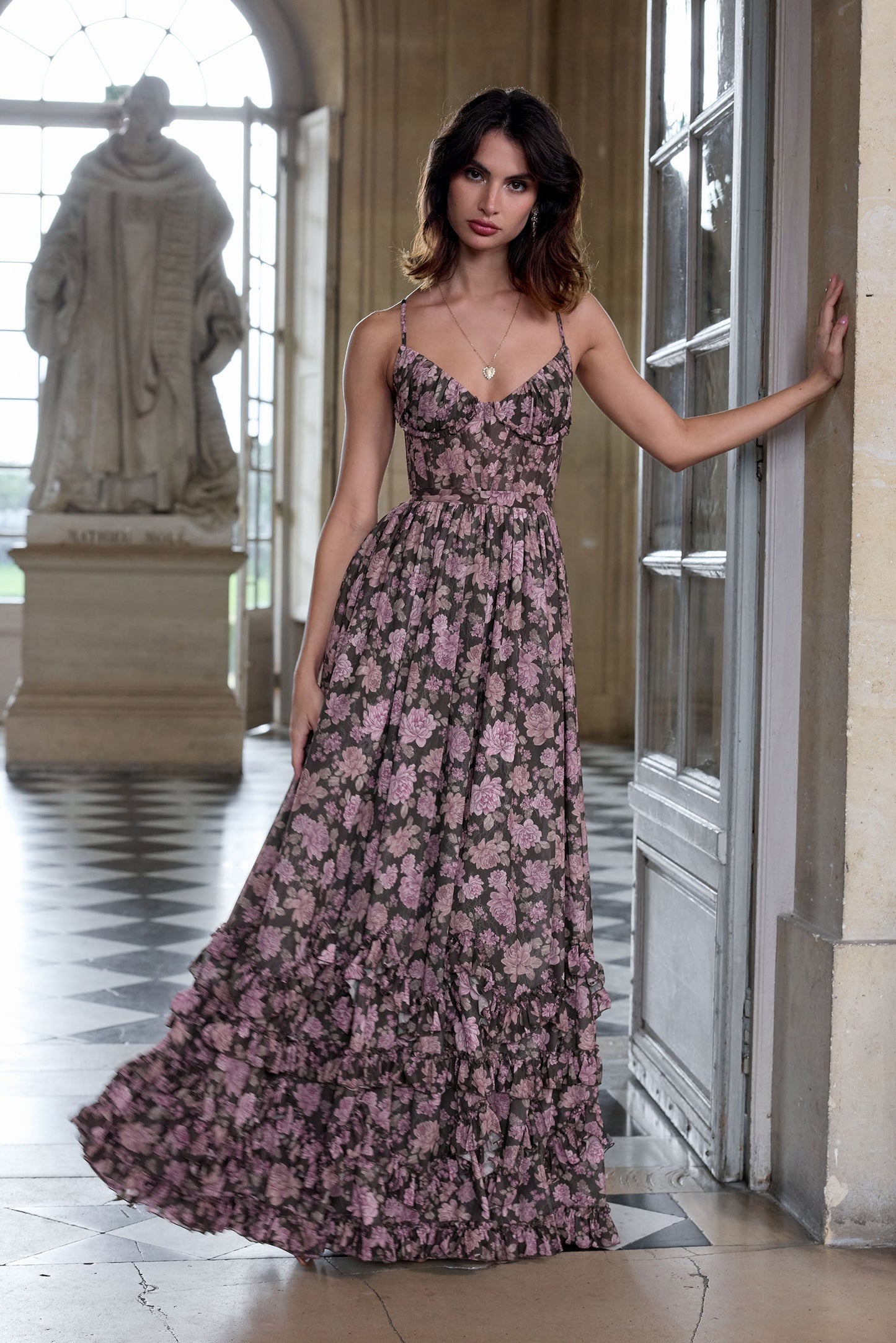 The Carmen Dress in Chocolate Peony Print