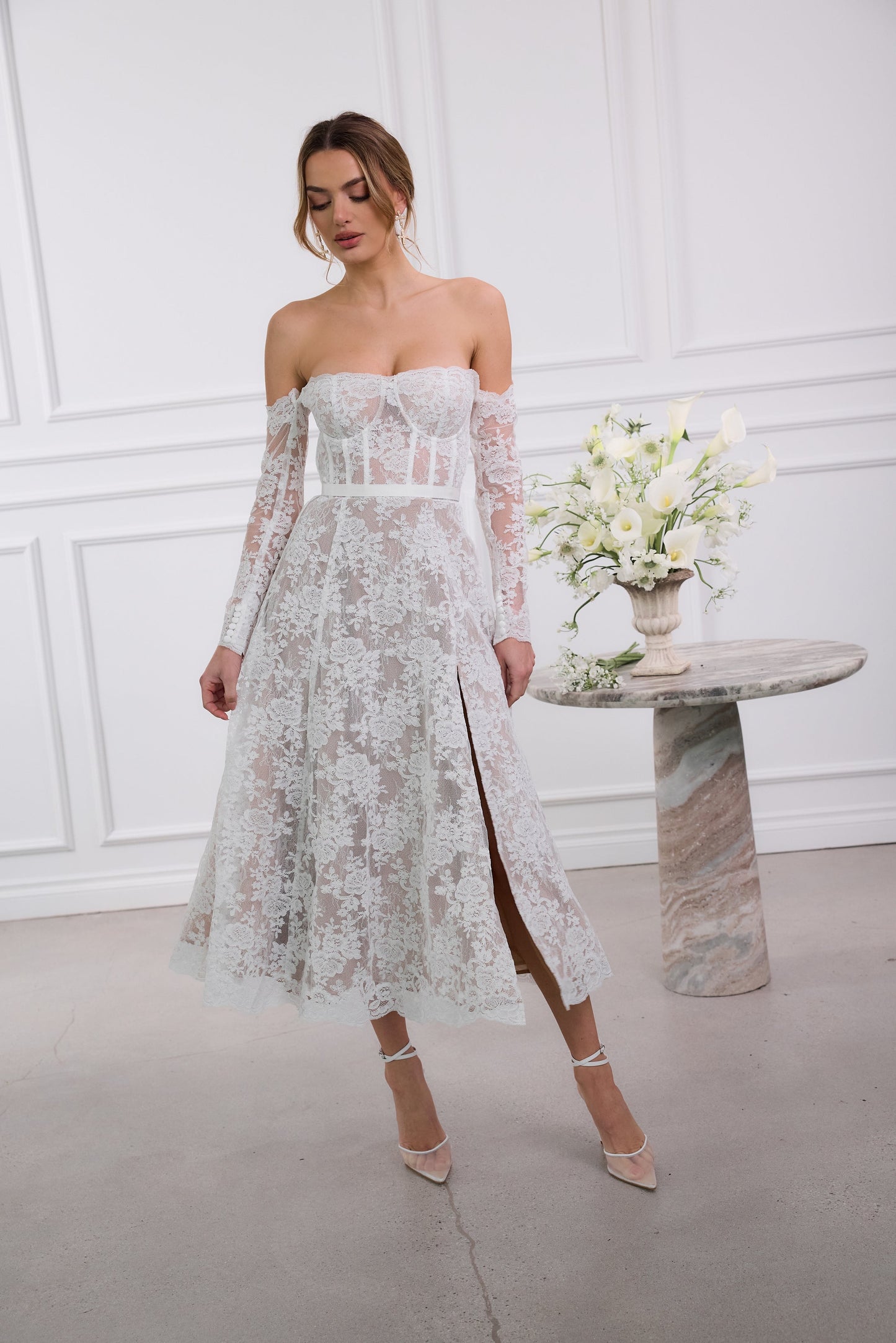 The Katherine Dress in White Chantilly Lace