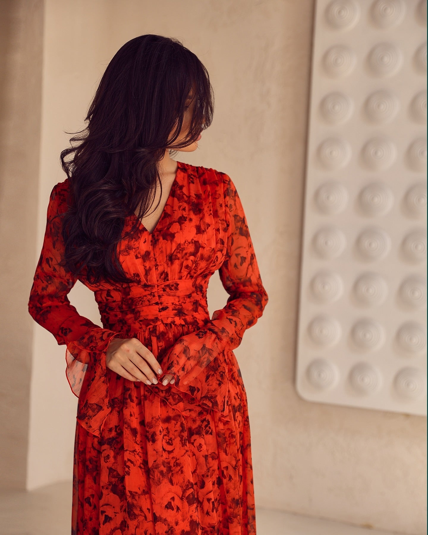 Sexy V-neck Long Sleeve Waist-Tight Red Small Floral Temperament Dress