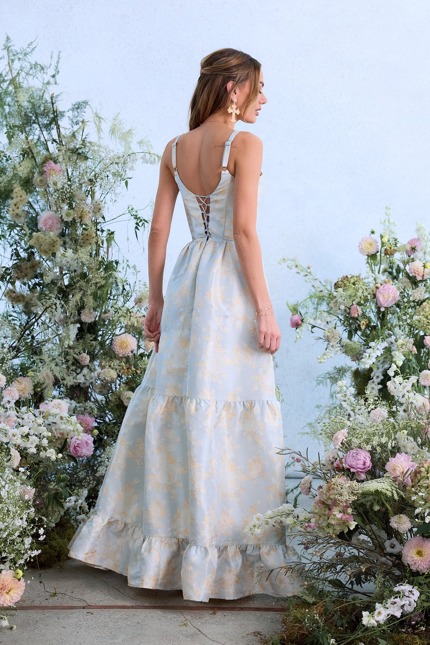 The Avery Dress in Sky Windsor Brocade