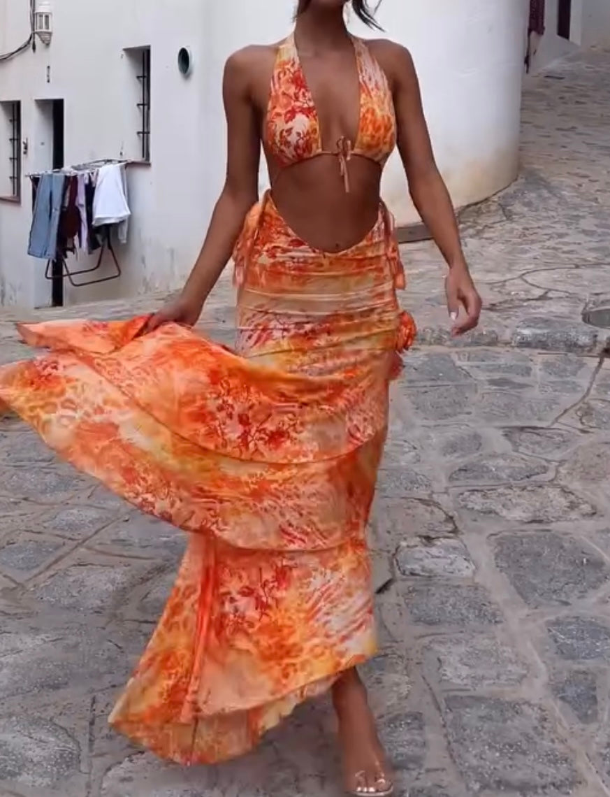 Fashion Elegant Halter Chest-Wrapped Printed Beach Dress