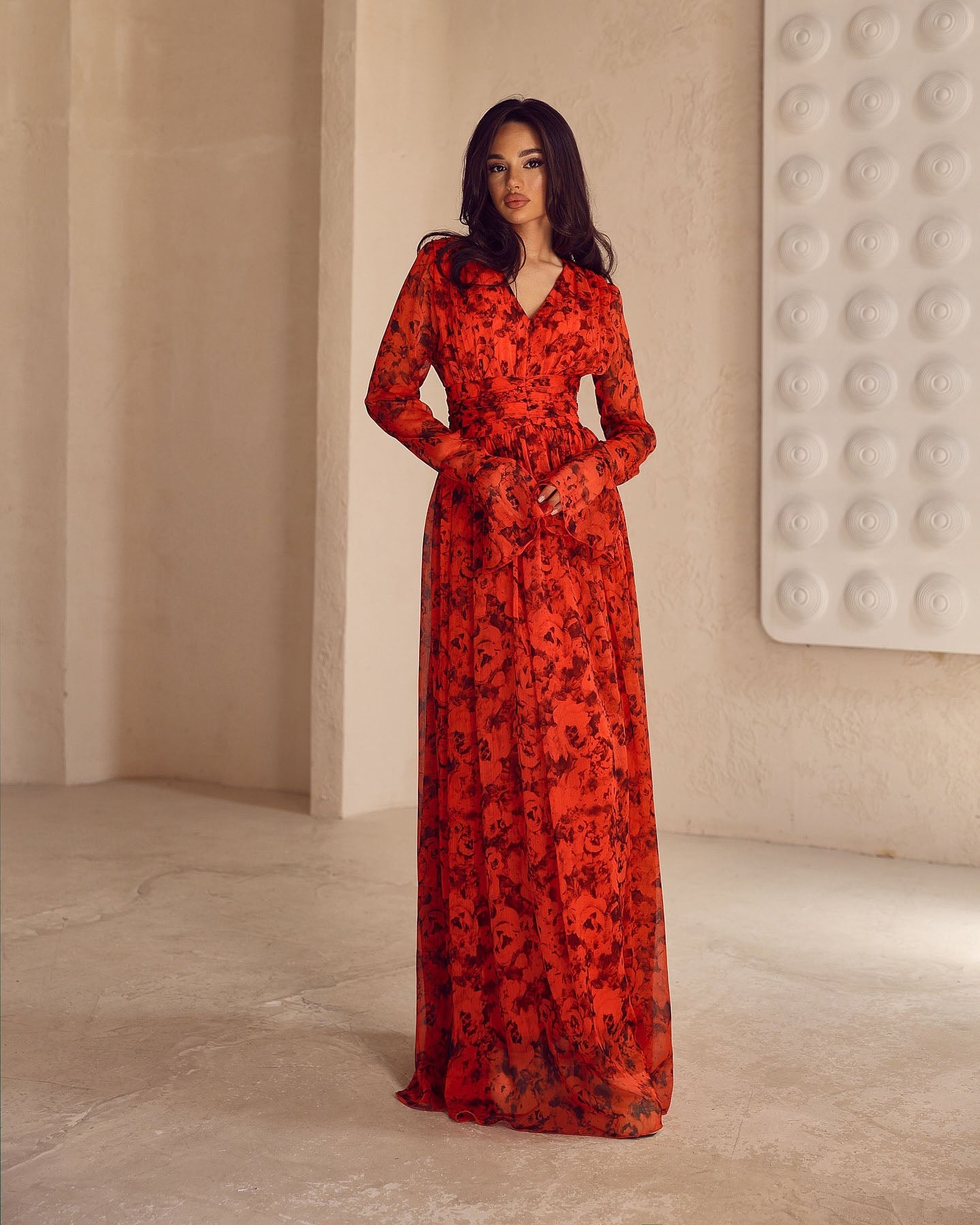 Sexy V-neck Long Sleeve Waist-Tight Red Small Floral Temperament Dress