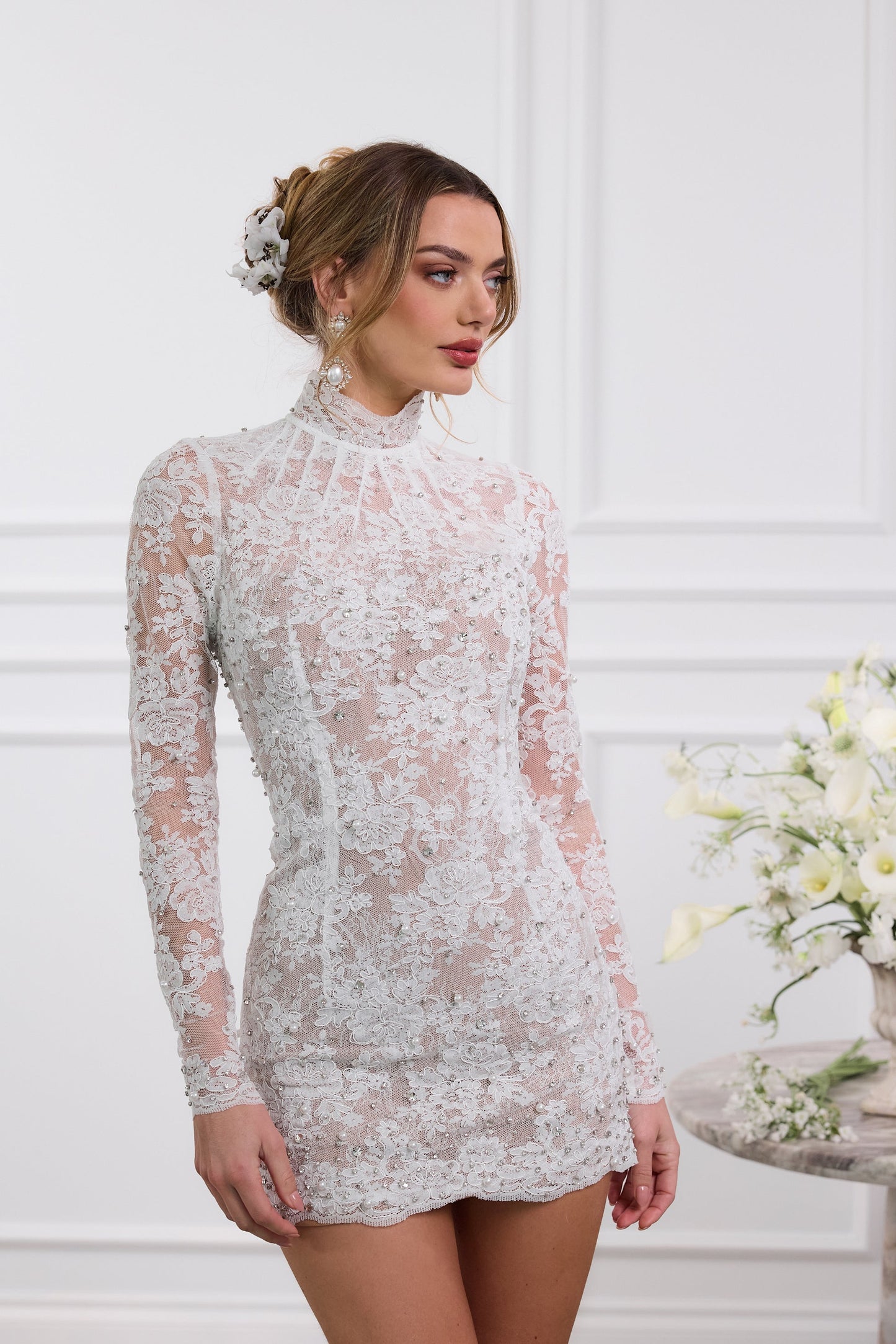 The Kiara Dress in White Chantilly Lace