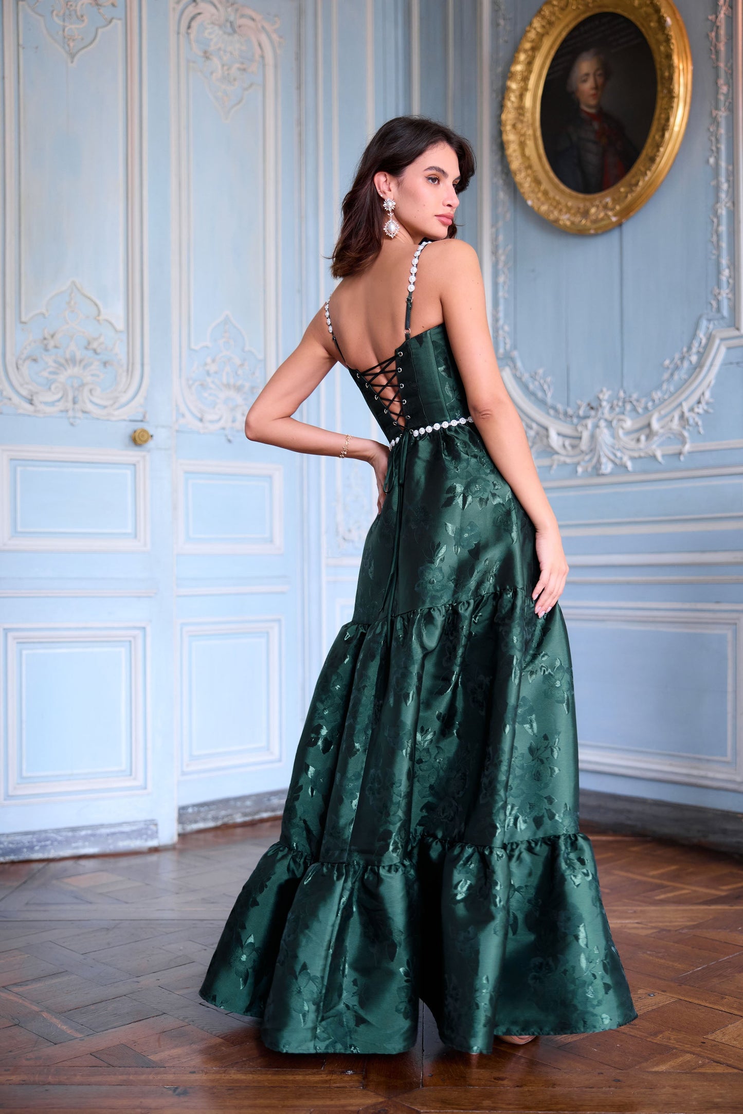 The Lucetta Dress in Emerald Baroque Floral